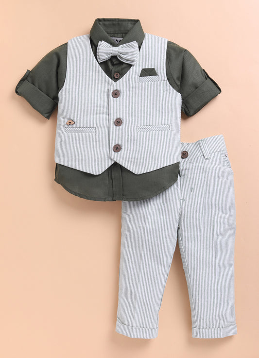 Green Cotton Elegant Formal Full Sleeves 4 piece Waistcoat Coord Set