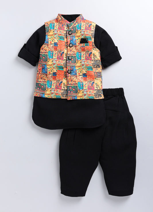 Black Folk Embellished Ethnic Kurta Jacket Set for Boys