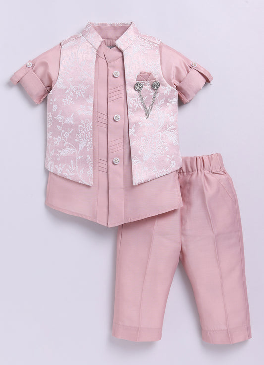 Pink Boys Festive Jaquard Soft Ethnic Jacket Full Sleeves Kurta Pajama Set
