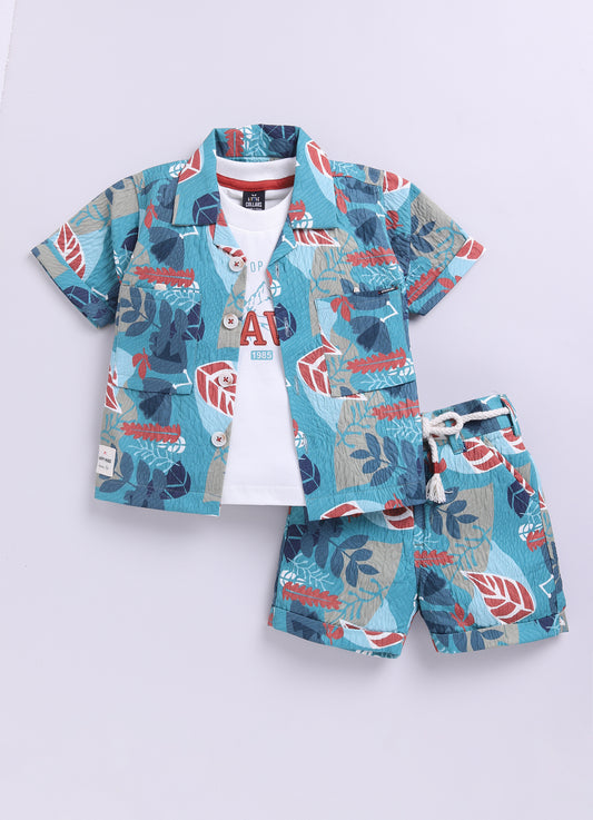 Green Self Weave Leaves Abstract Digital Printed Half Sleeves Poly Blend Shirt Shorts Coord set with Tshirt and Belt