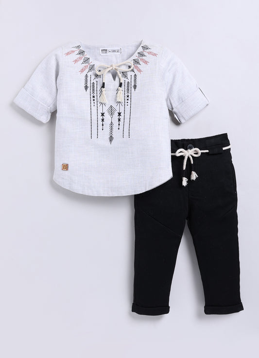Grey Smart Cotton Neckine Embroidered Kurta Shirt Pant Set