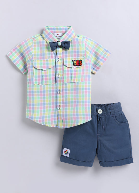 Blue Casual and Fun Checkered Pure Cotton Shirt Half Pant Bow Set