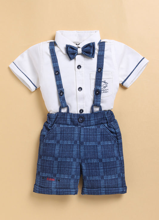 Blue Pocket Embroidered Half Sleeves Shirt Digital Print Shorts Suspender Bow Set