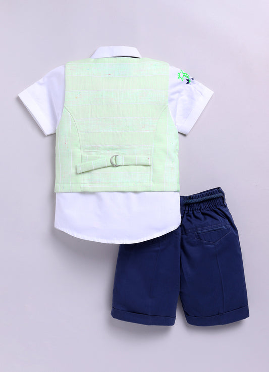 Green Cotton Checkered Waistcoat Shirt Bright Pant set with Bow