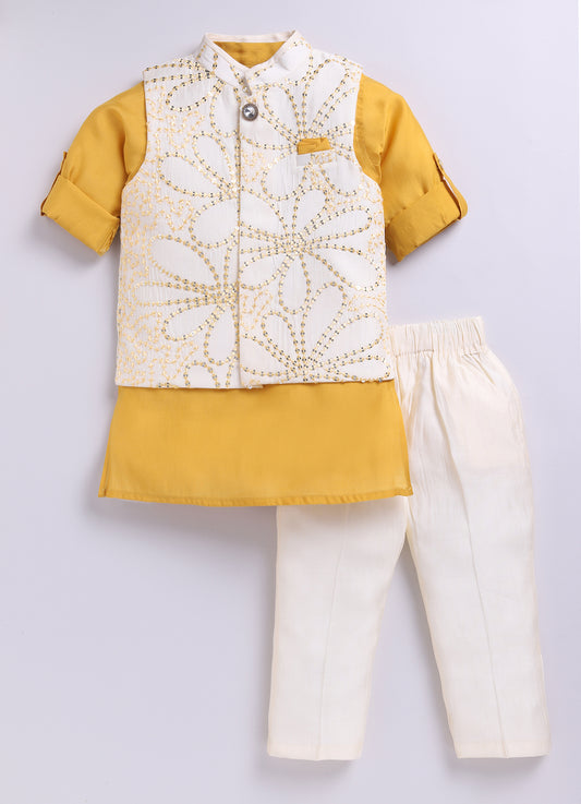 Rakhi Special Boys Mustard Silk Blend Soft Festive Sequins and Thread  Embroidered Nehru Jacket Bright Full Sleeves Kurta Pajama Ethnic Set