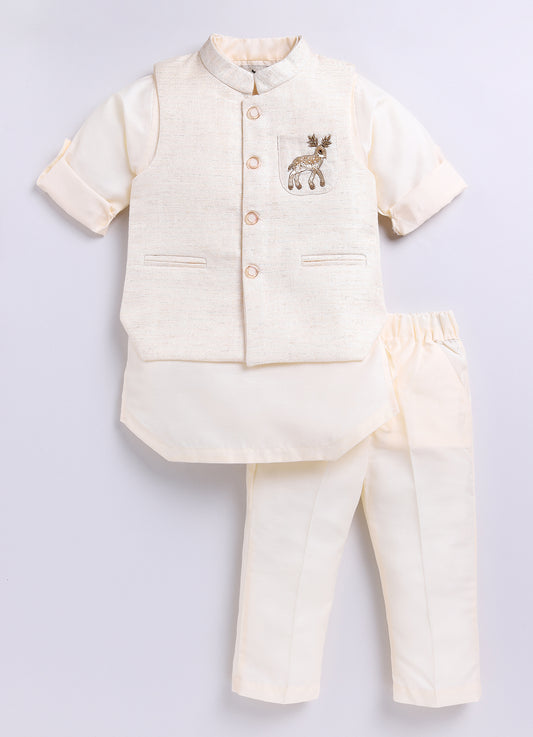 Boys Reindeer Ethnic Jacket Kurta Pajama Set-Cream