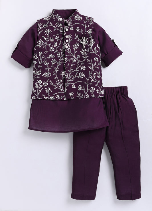 Wine Festive Floral All Over Embroidered Nehru Jacket Kurta Pajama Set