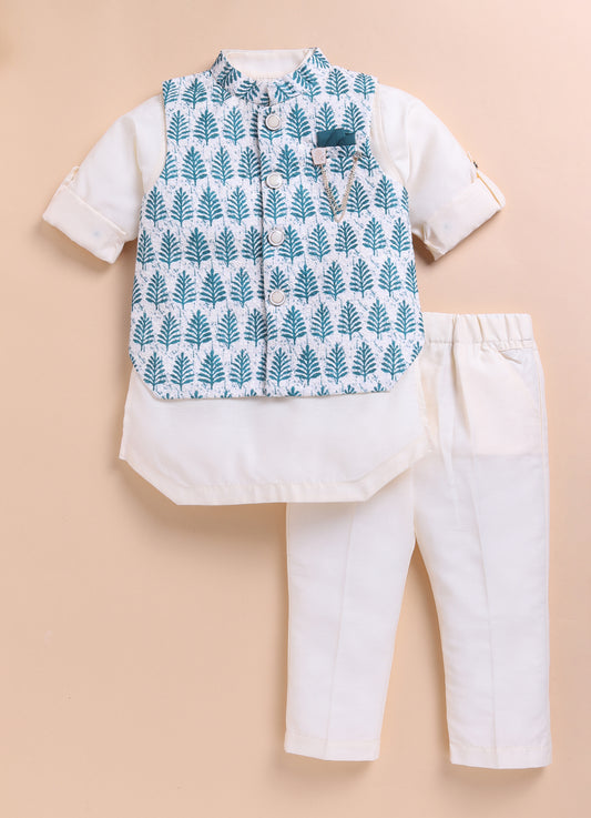 Green Art Silk Blend Soft Festive Motif Printed and Embroidered Ethnic Nehru Jacket Full Sleeves Kurta Pajama Set with Brooch