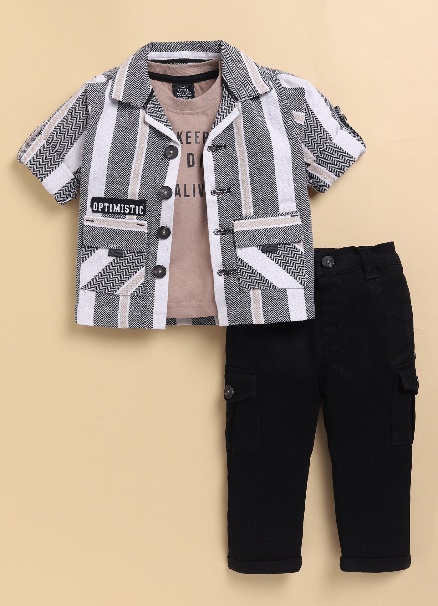 Black Recycled Cotton Striped Casual Full Sleeves Overshirt and Tshirt Pants Set