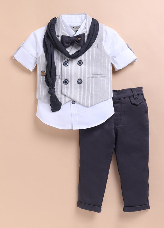 Grey Full Sleeves Charming and Trendy Linen Waistcoat Set with Stole and Bow