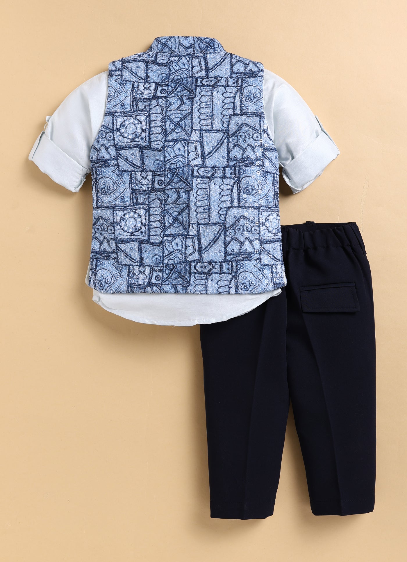 Formal Full Sleeves Shirt Pant and Festive Sleeveless Printed Embroidered Nehru Jacket Indo Western Set- N.Blue