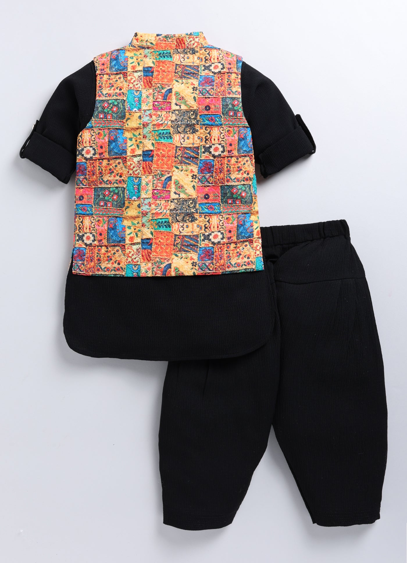 Black Folk Embellished Ethnic Kurta Jacket Set for Boys
