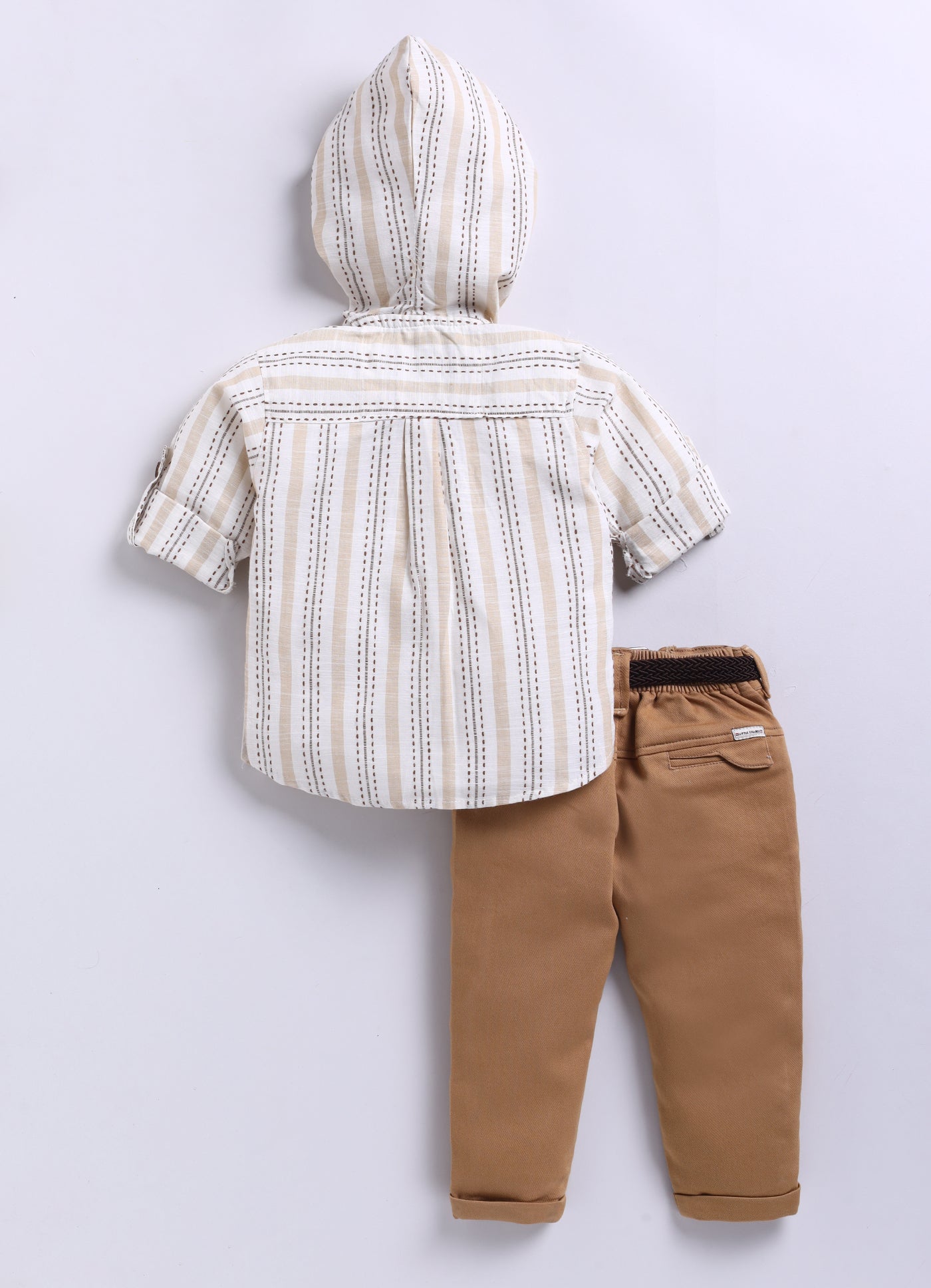 Casual and Stylish Full Sleeves Cotton Striped Hoodie Shirt with Pants with Belt- Khaki