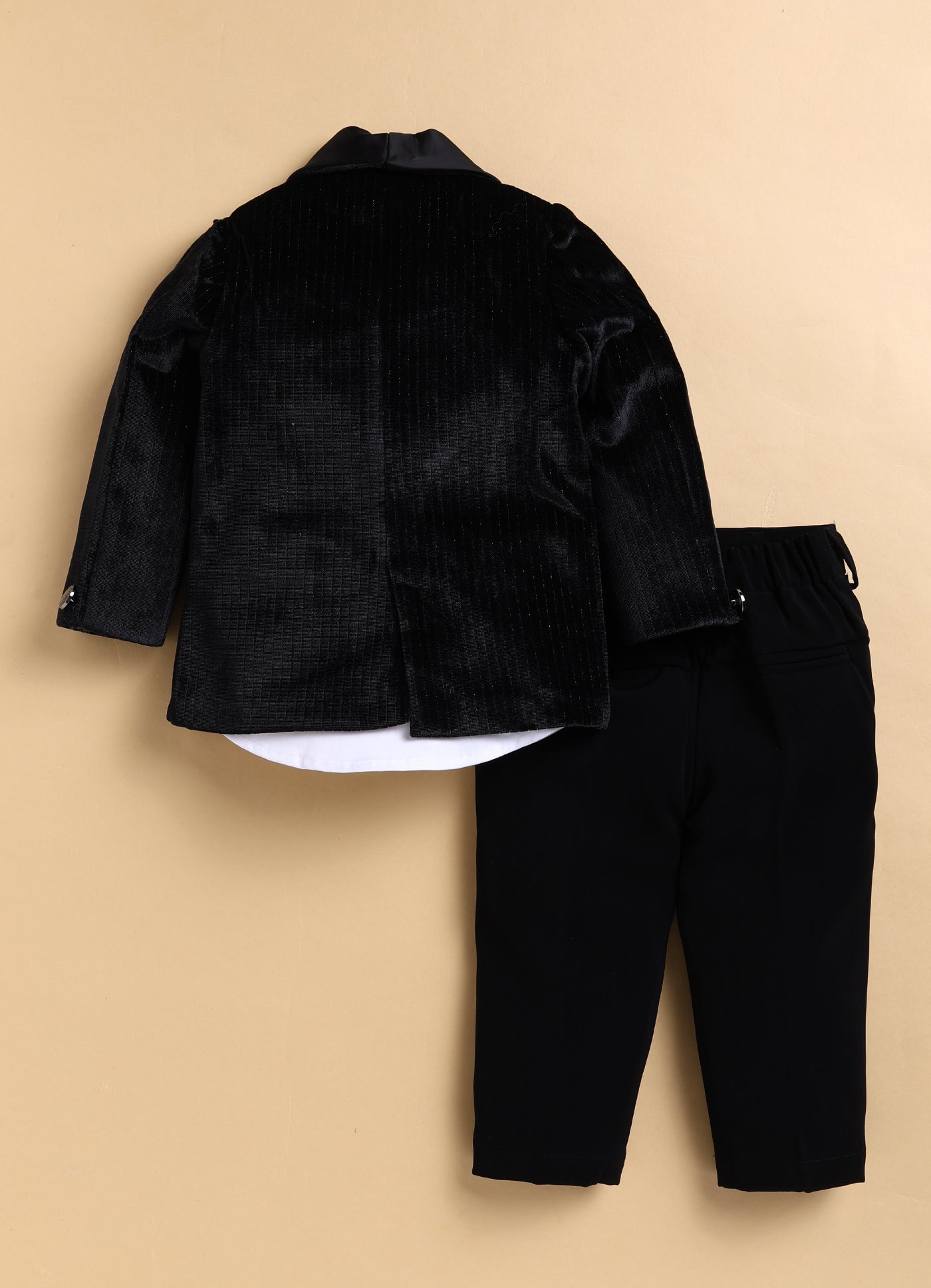 Shiny Velvet Striped Coat Tuxedo Pant Formal Shirt Suit Set with Smart Bow - Black