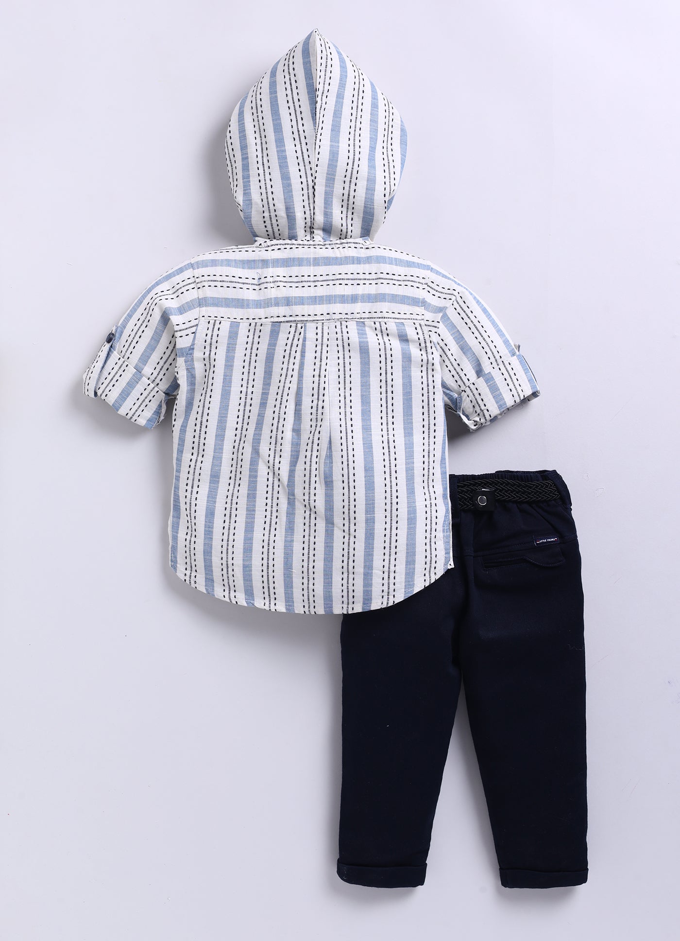 Casual and Stylish Full Sleeves Cotton Striped Hoodie Shirt with Pants with Belt- NAVY