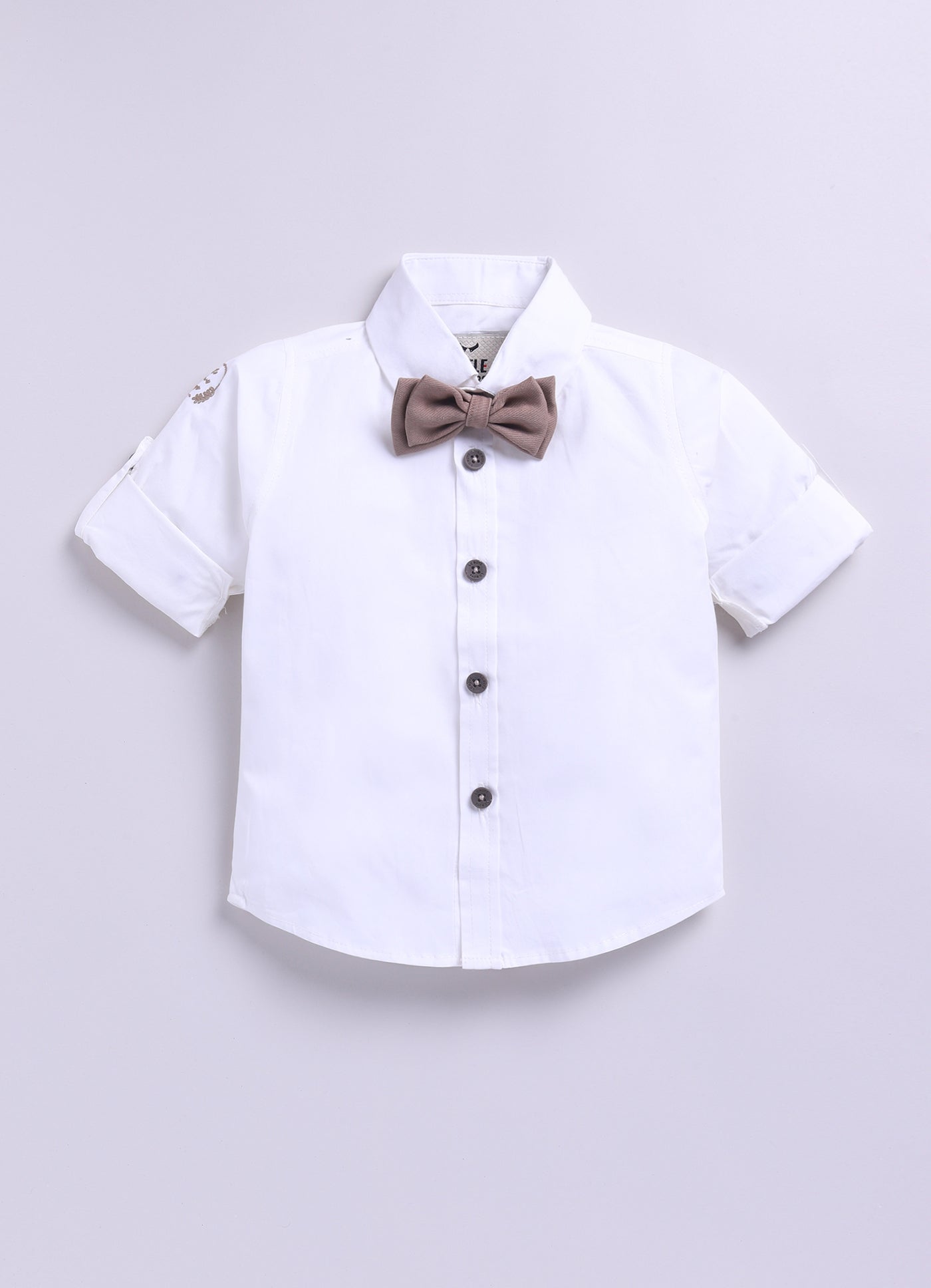 Beige Adorable Woven Waistcoat Full Sleeves Shirt Pants Set with Bow