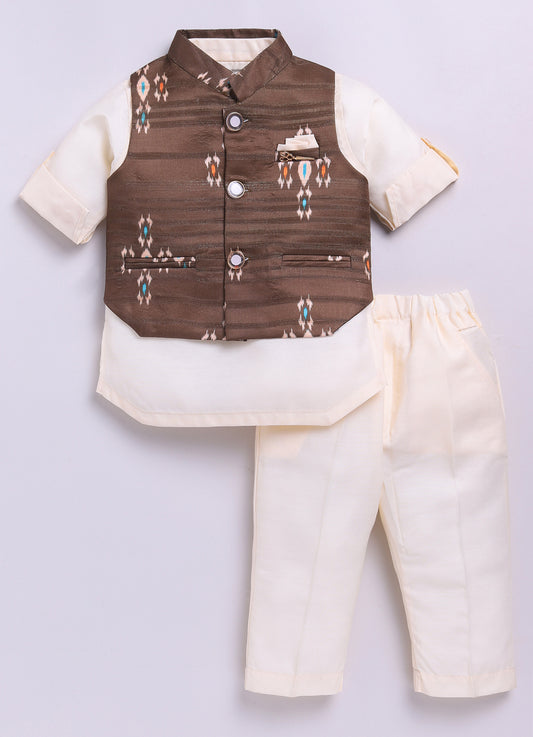 Brown Boys Ikat Printed Bright Ethnic Jacket Full Sleeves Kurta Pajama Set