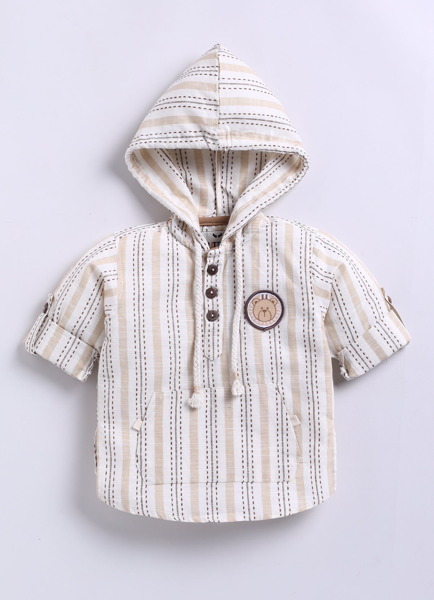 Casual and Stylish Full Sleeves Cotton Striped Hoodie Shirt with Pants with Belt- Khaki