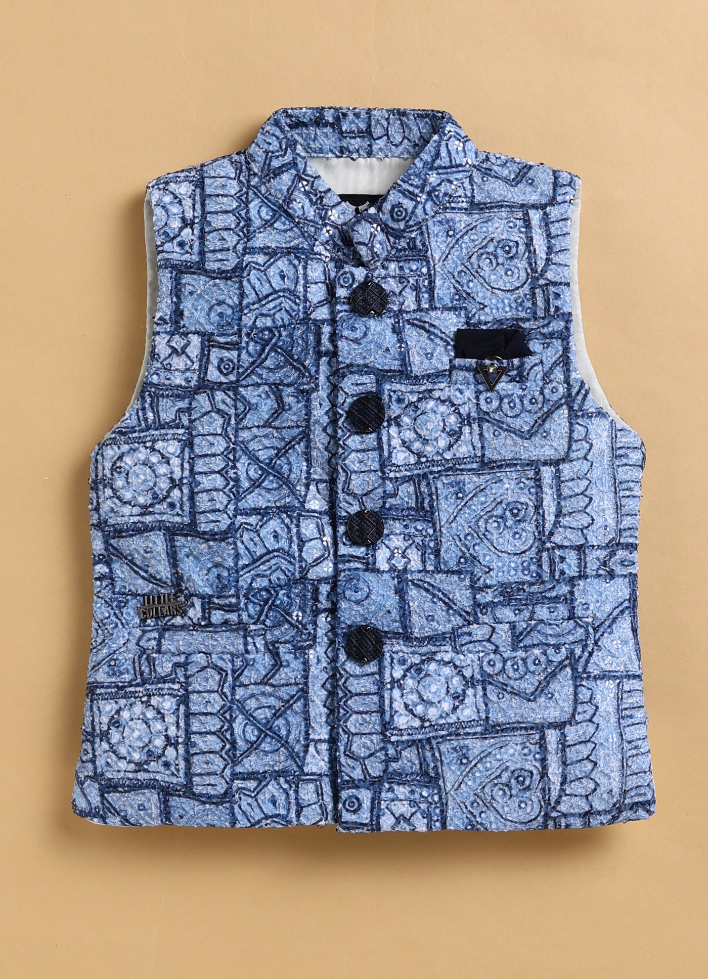Formal Full Sleeves Shirt Pant and Festive Sleeveless Printed Embroidered Nehru Jacket Indo Western Set- N.Blue