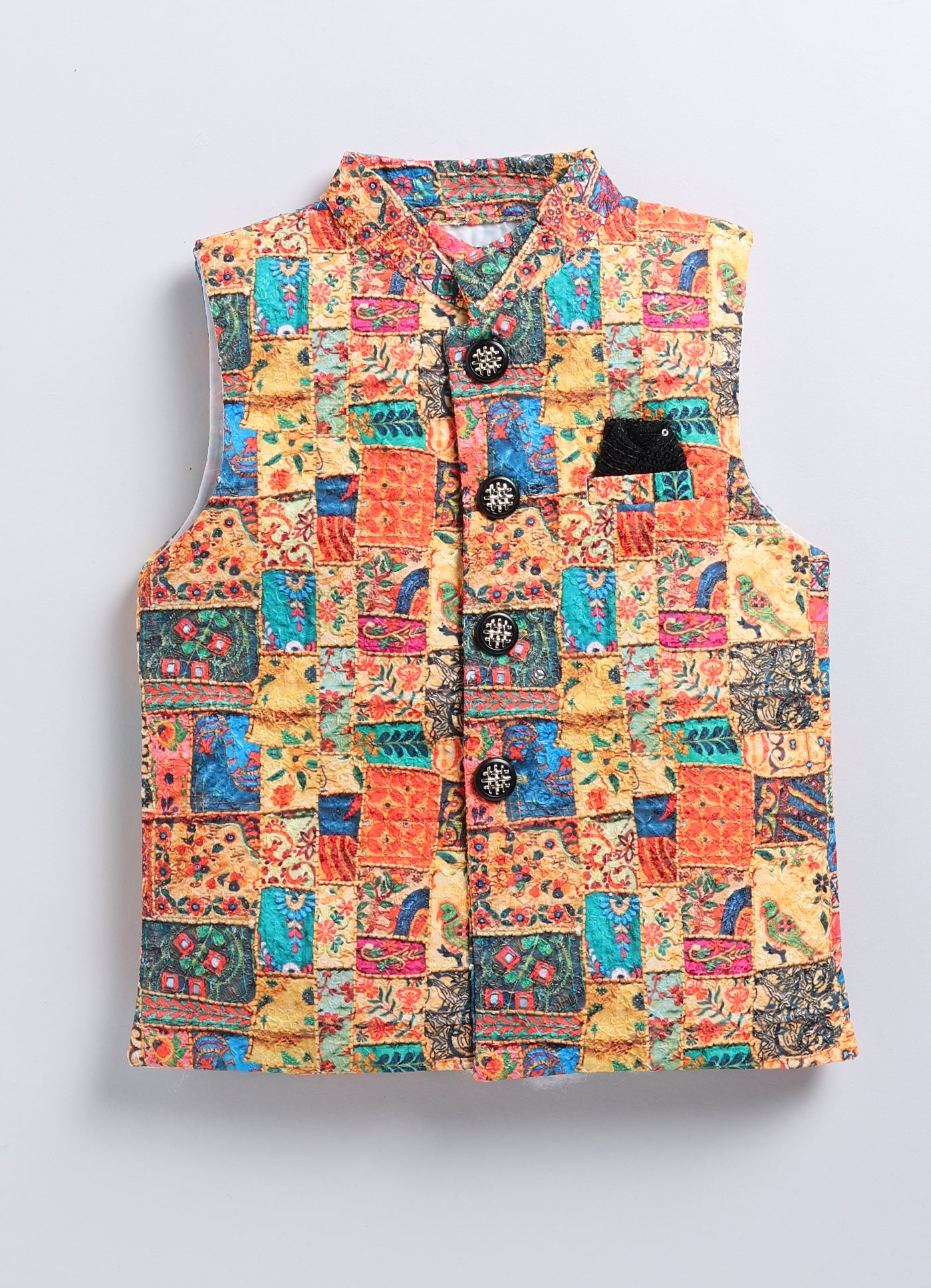 Black Folk Embellished Ethnic Kurta Jacket Set for Boys