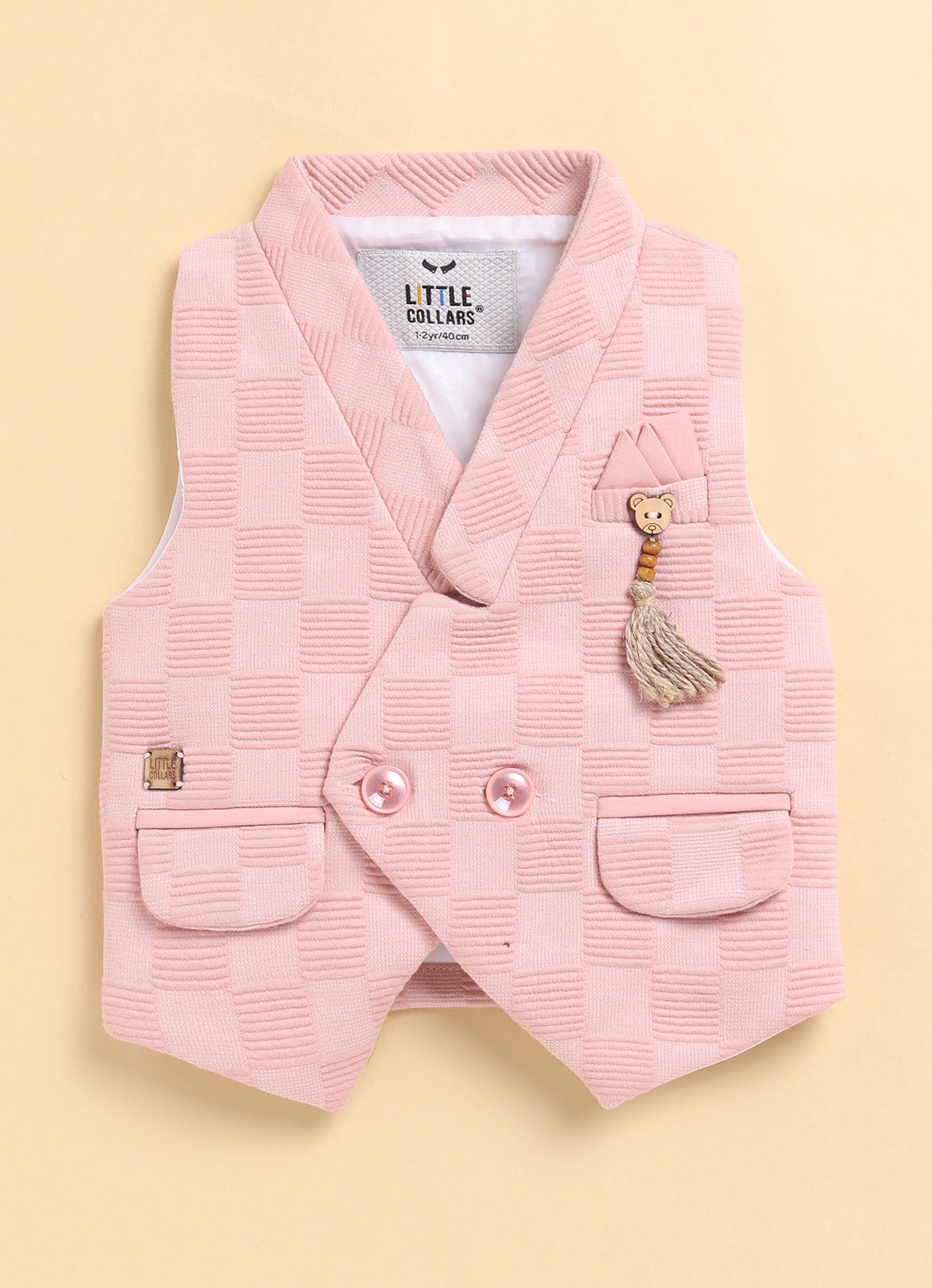Peach Adorable Jacquard Waistcoat Full Sleeves Shirt Pants Bow Set for Boys