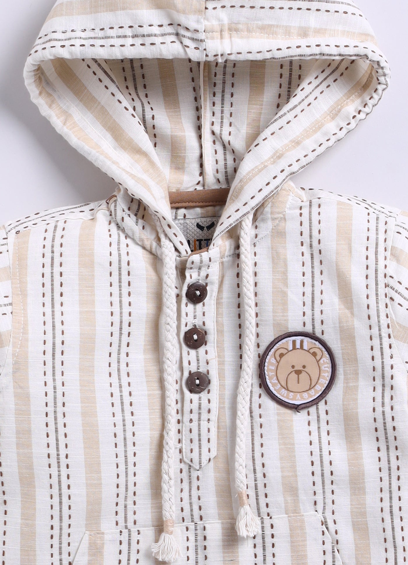 Casual and Stylish Full Sleeves Cotton Striped Hoodie Shirt with Pants with Belt- Khaki