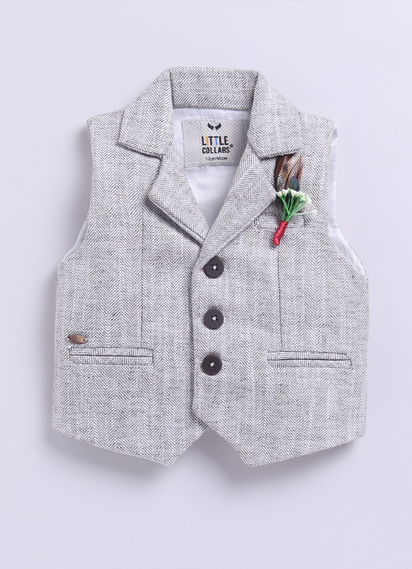 Beige Adorable Woven Waistcoat Full Sleeves Shirt Pants Set with Bow