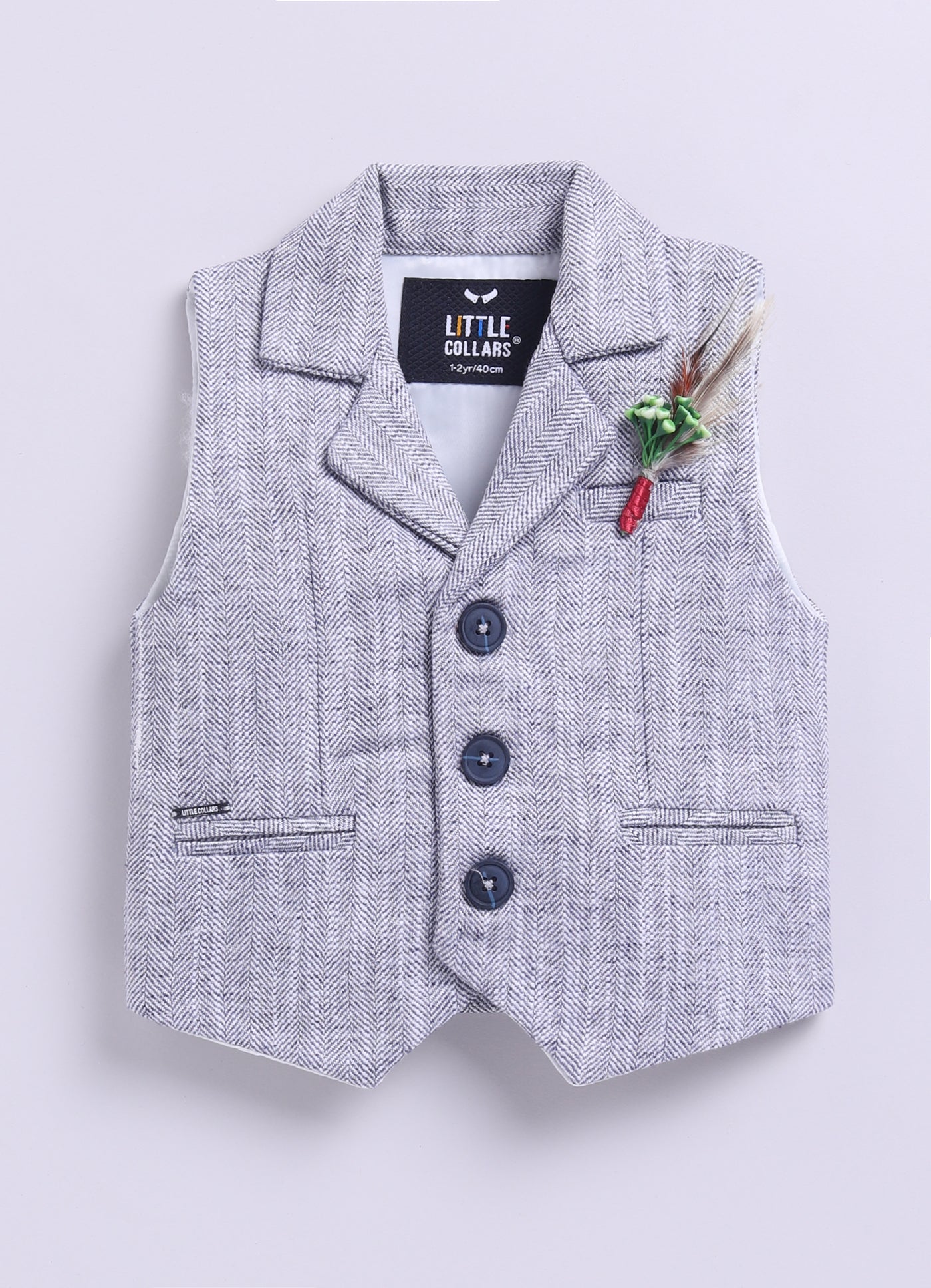 Navy Adorable Woven Waistcoat Full Sleeves Shirt Pants Set with Bow