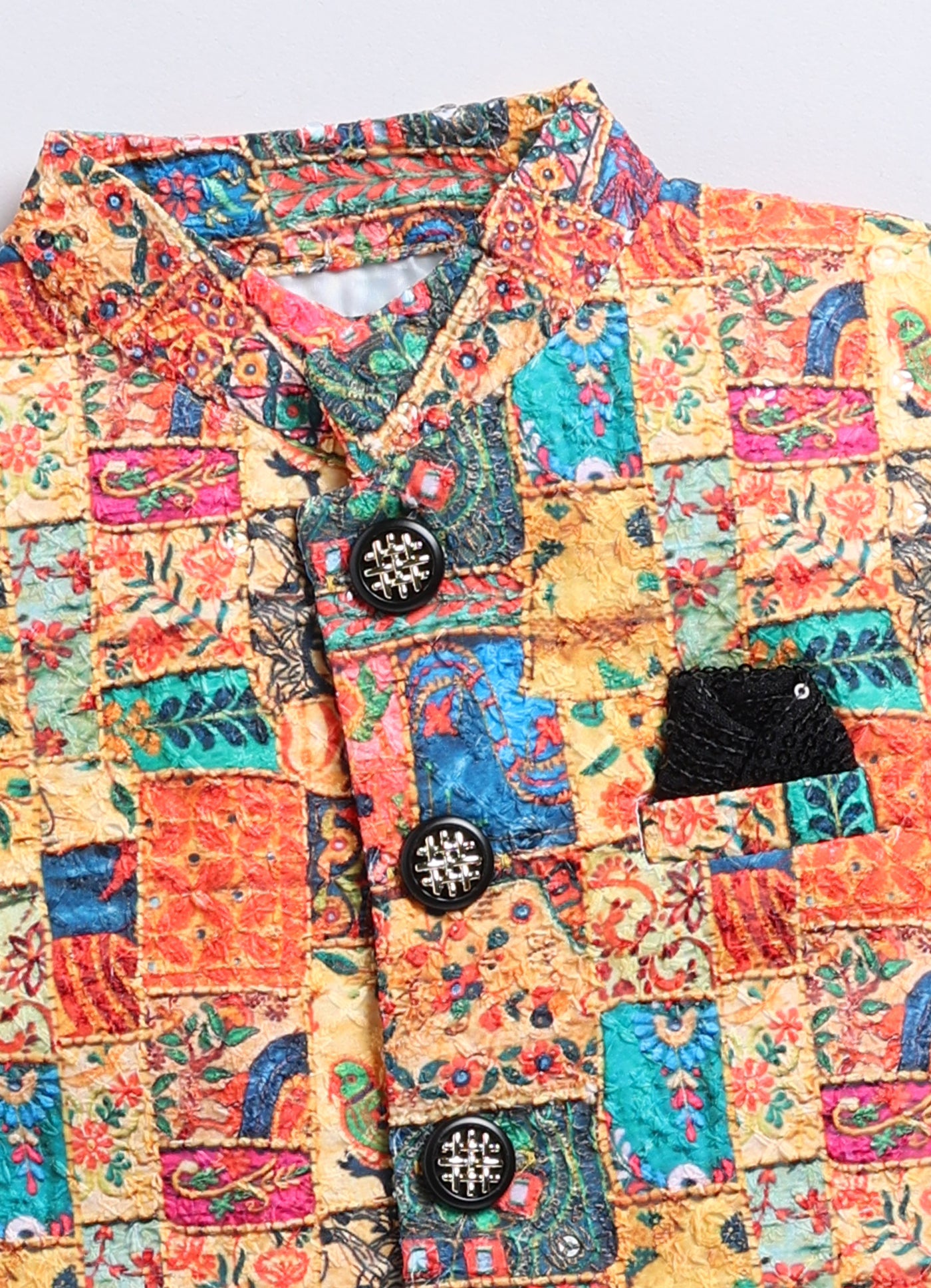 Black Folk Embellished Ethnic Kurta Jacket Set for Boys