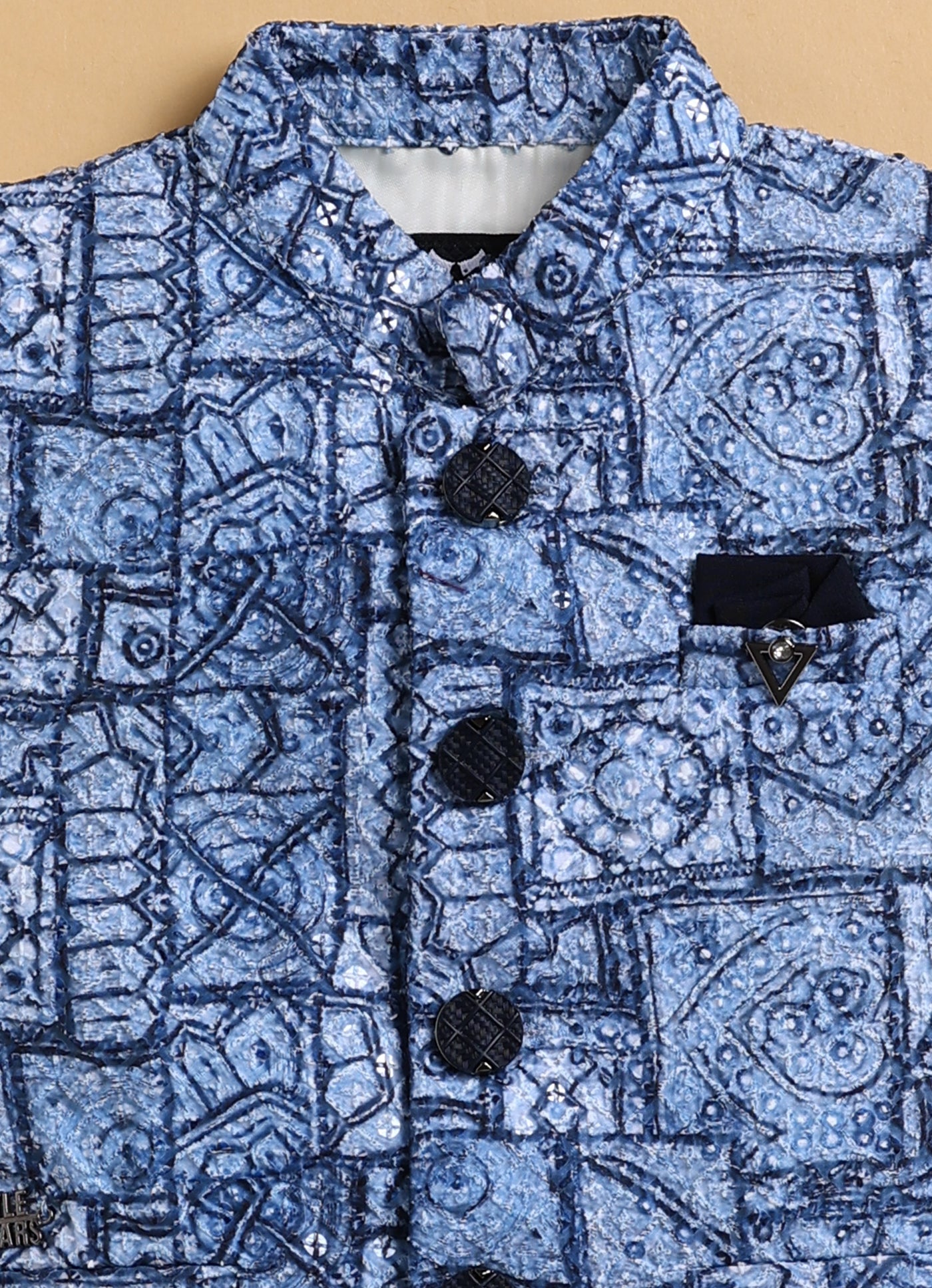 Formal Full Sleeves Shirt Pant and Festive Sleeveless Printed Embroidered Nehru Jacket Indo Western Set- N.Blue