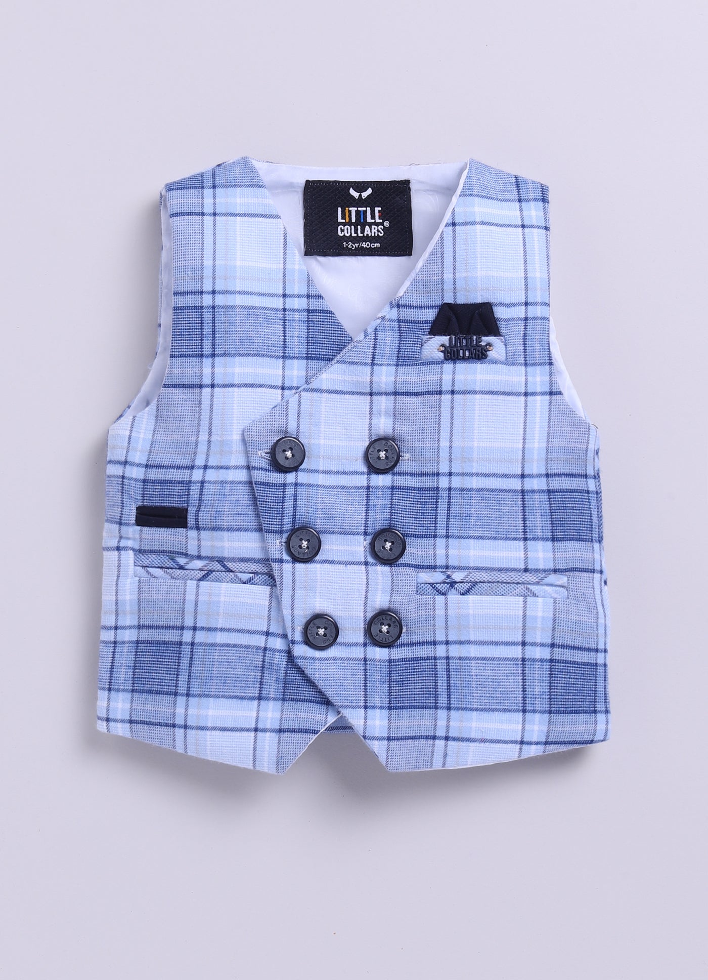 Blue Full Sleeves Solid Shirt Pant With Cotton Checkered Waistcoat Cap & Bow Set