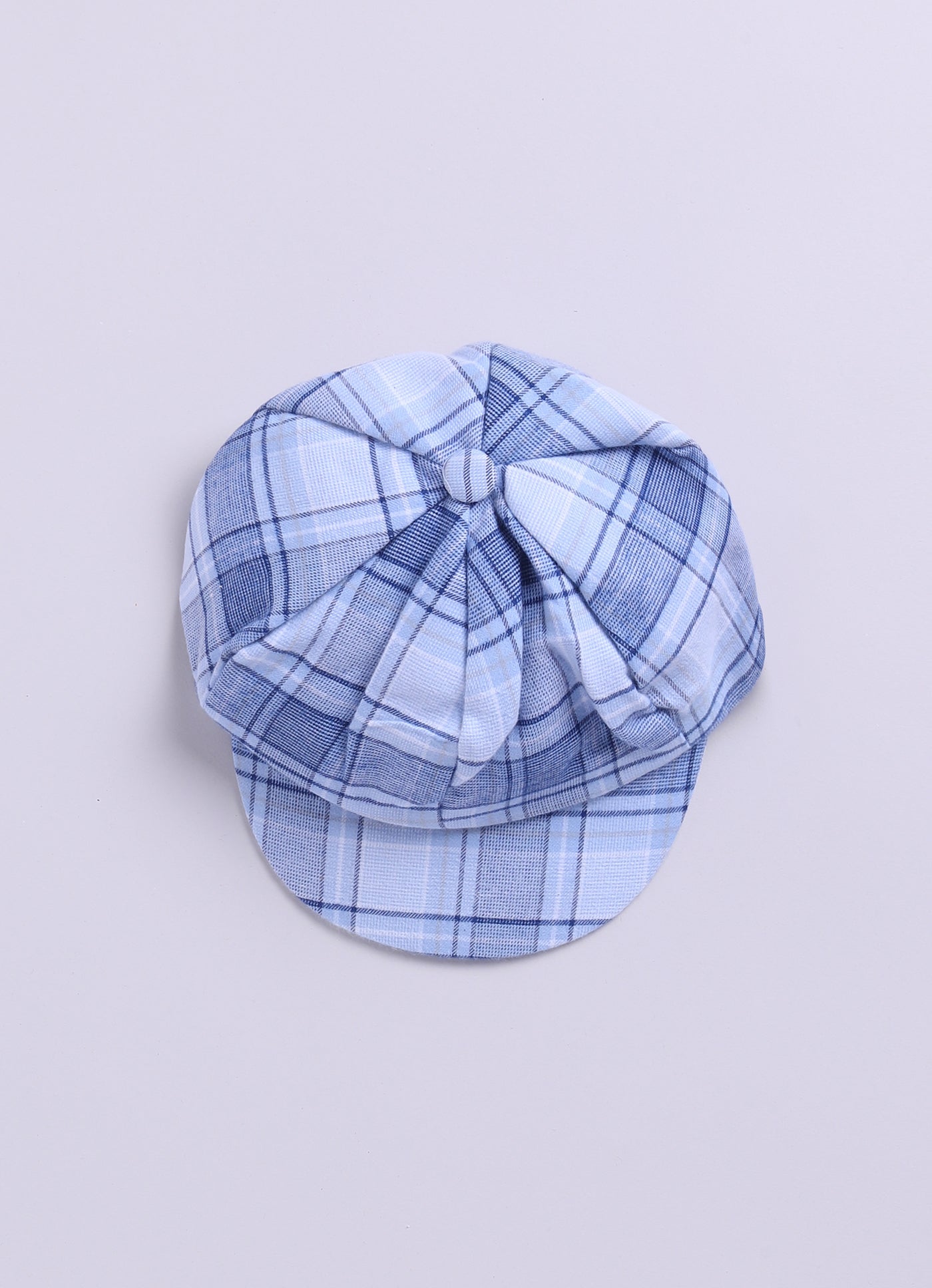 Blue Full Sleeves Solid Shirt Pant With Cotton Checkered Waistcoat Cap & Bow Set