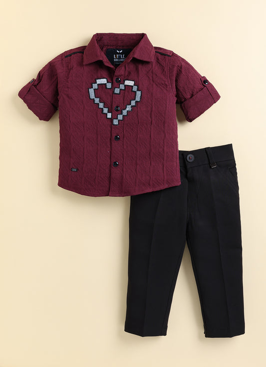 Boys Full Sleeves Formal Jaquard and Heart Patch Shirt and Trousers with Bow Set- Maroon