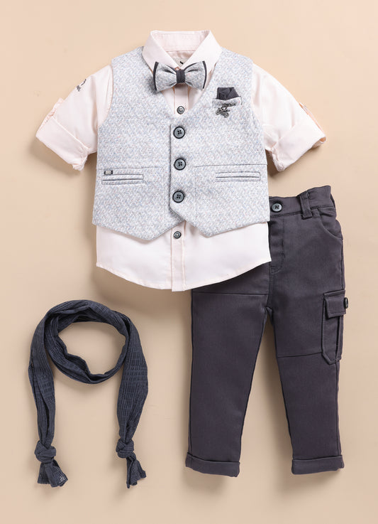 Grey Charming and Trendy Jacquard Waistcoat Set with Stole and Bow