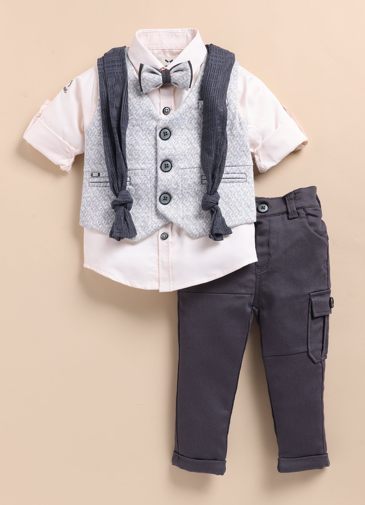 Grey Charming and Trendy Jacquard Waistcoat Set with Stole and Bow