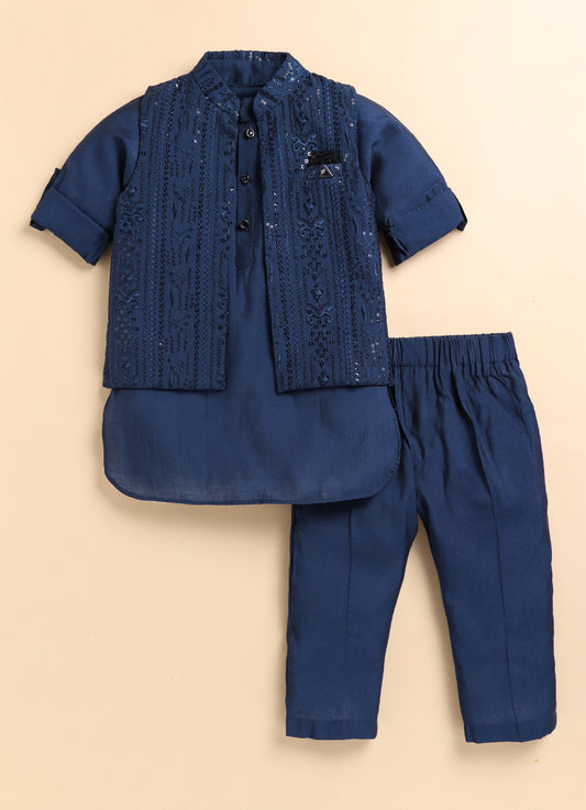 Silk Blend Woven Full Sleeves Pack of 4 Solid Kurta Pyjama With Sequin Embroidered Open Jacket and Brooch Pin Ethnic Set- Blue