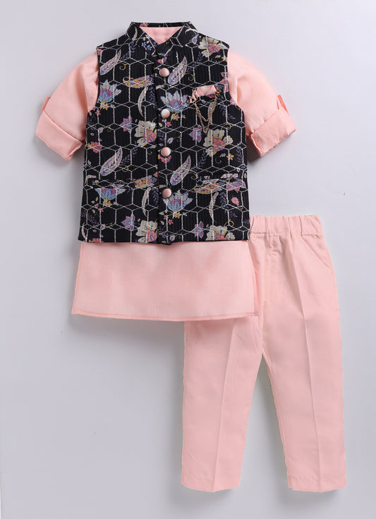 Silk Blended Floral Printed and Embroidered Full Sleeves Pack of 4 Kurta Pajama with Nehru Jacket and Brooch Pin Ethnic Set- Black