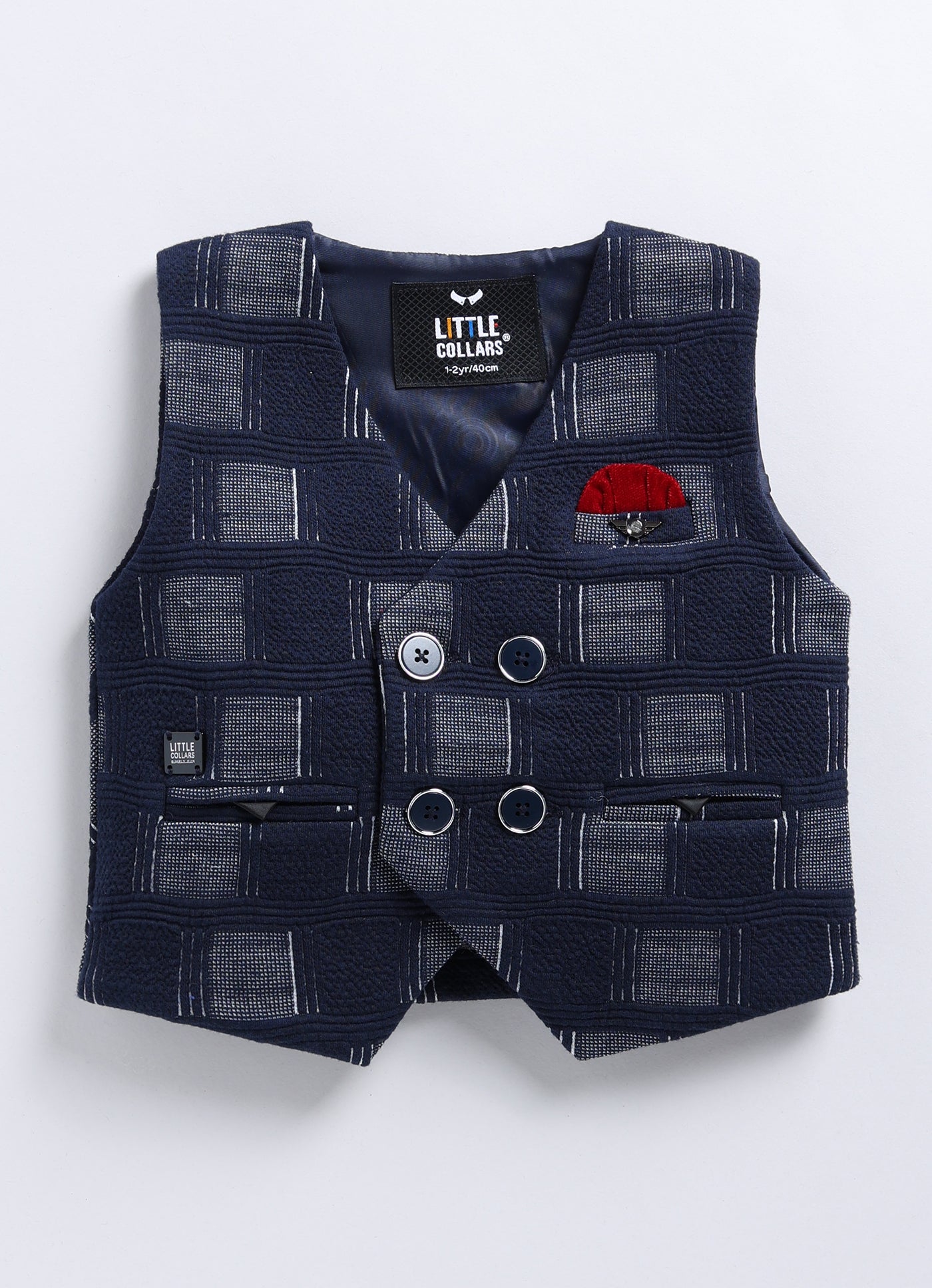 Boys Partywear Checkered Waistcoat Shirt Pant Bow Set- Navy Blue