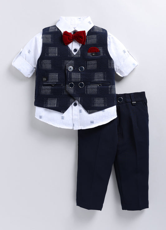 Boys Partywear Checkered Waistcoat Shirt Pant Bow Set- Navy Blue