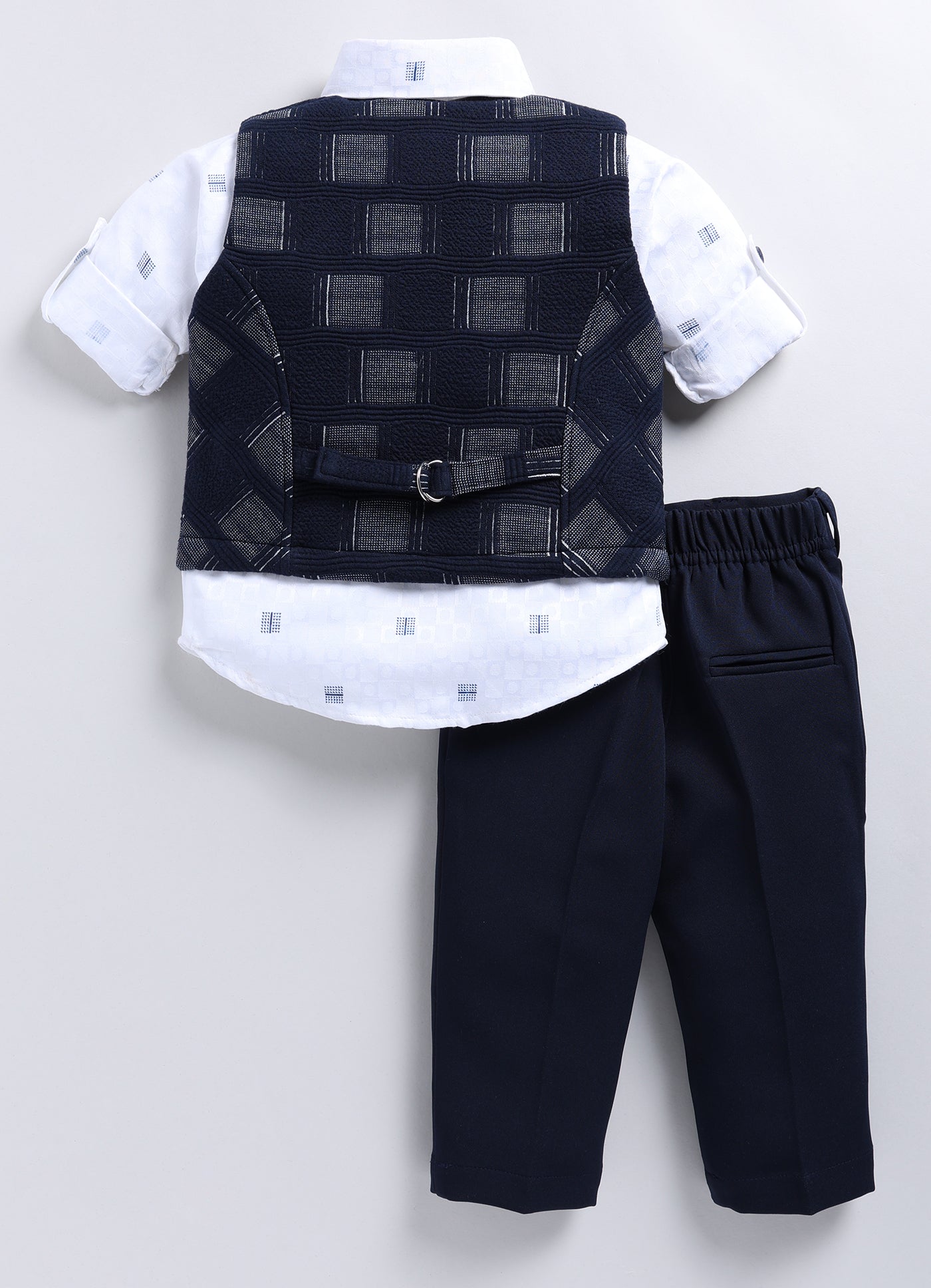 Boys Partywear Checkered Waistcoat Shirt Pant Bow Set- Navy Blue
