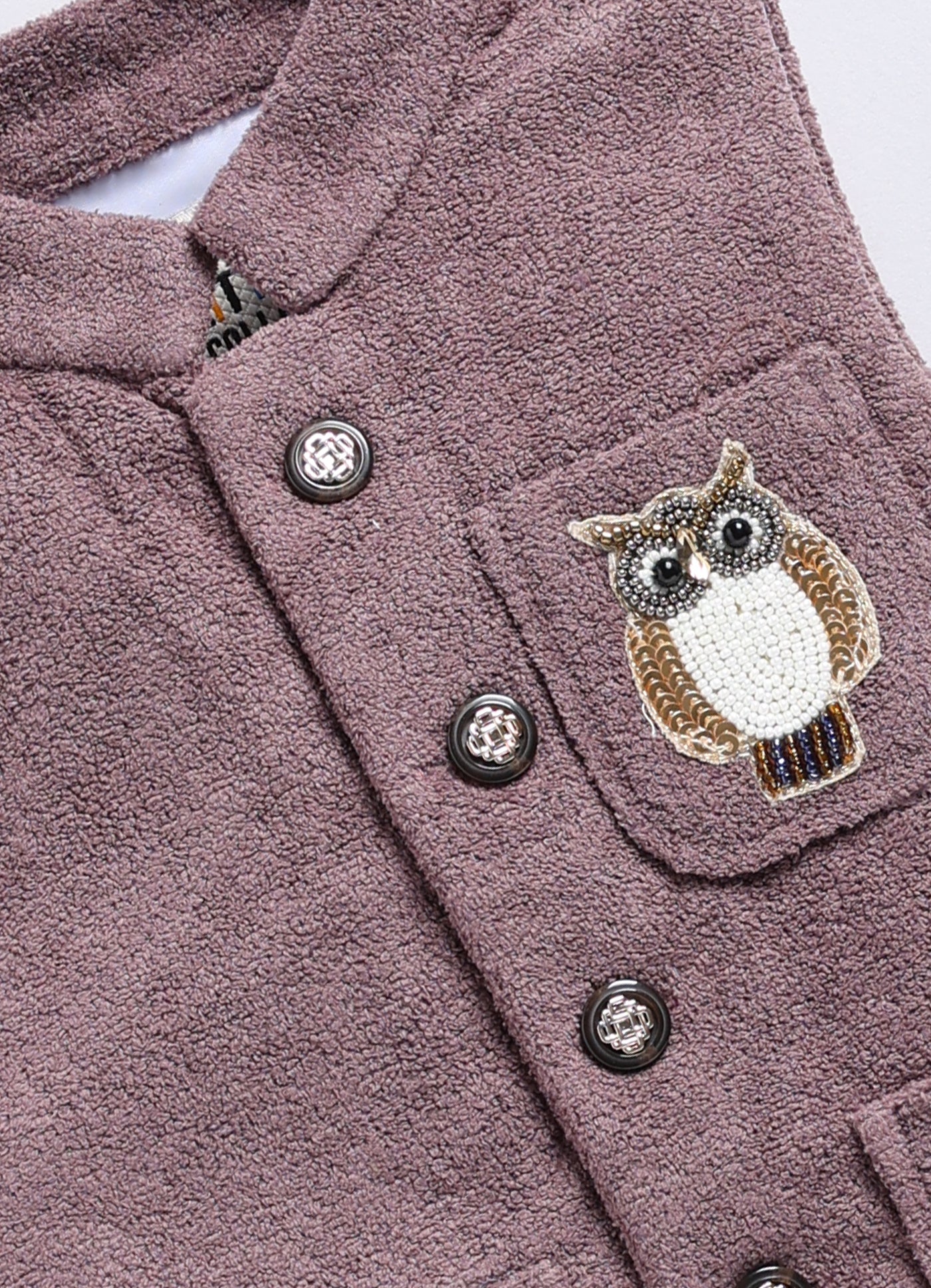 Cotton Blend Full Sleeves Solid Shirt & Pant With Sequins Embellished Owl Designed Waistcoat Set - Burgandy