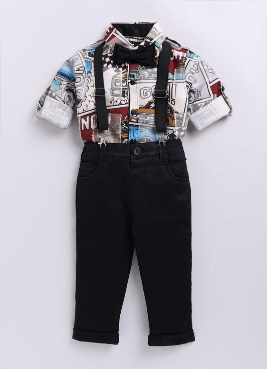 Little Collars Woven Full Sleeves Textured Printed Shirt with Trousers Suspender and Bow Shirt Pant Set- Brown (Copy)