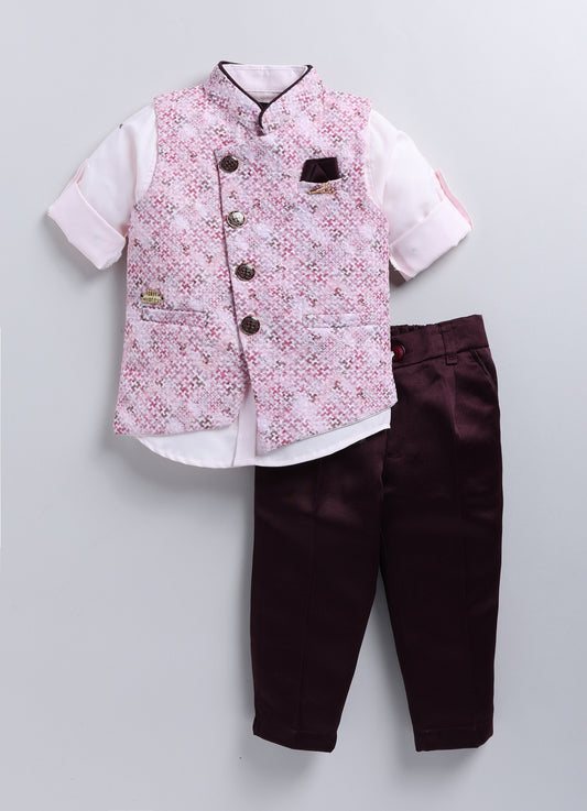 Charming Formal and Traditional Embellished Nehru Jacket Set for Boys- Wine