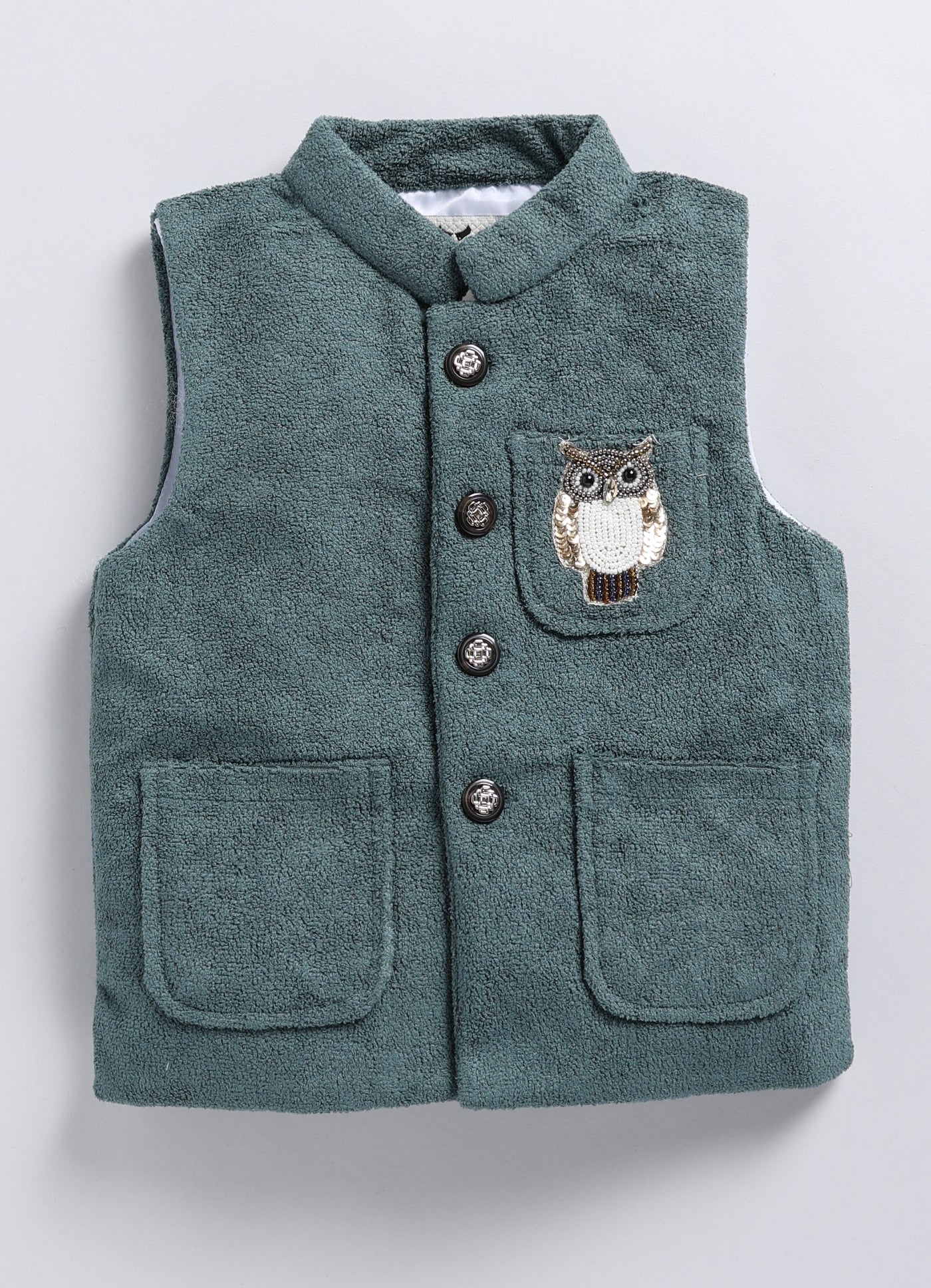 Cotton Blend Full Sleeves Solid Shirt & Pant With Sequins Embellished Owl Designed Waistcoat Set - Teal