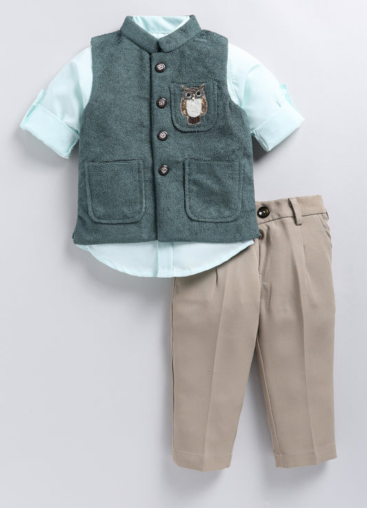 Cotton Blend Full Sleeves Solid Shirt & Pant With Sequins Embellished Owl Designed Waistcoat Set - Teal