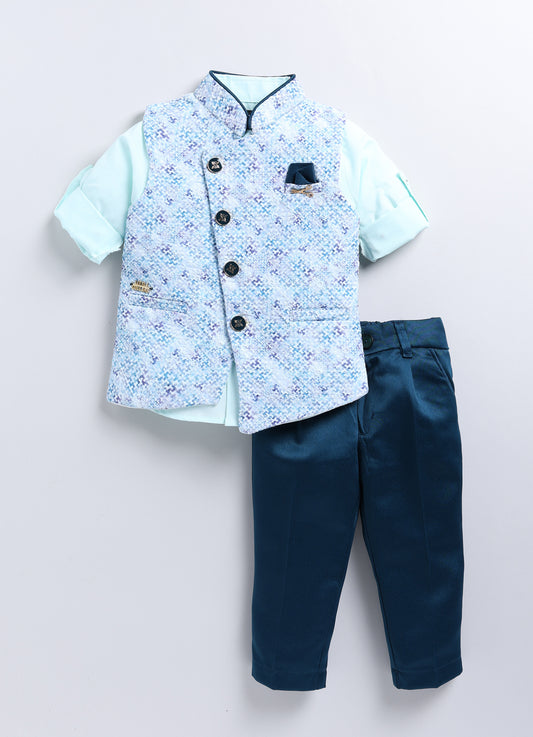 Charming Formal and Traditional Embellished Nehru Jacket Set for Boys- Green