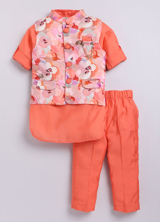Floral Ethnic Kurta Jacket Set for Boys- Peach
