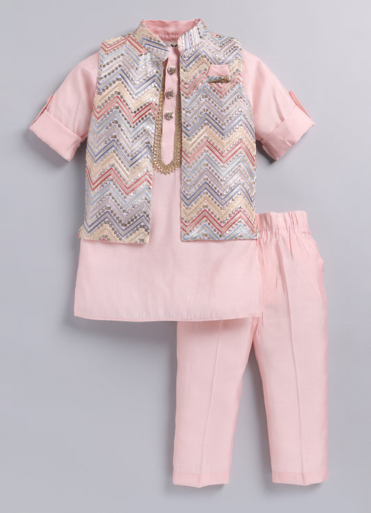Little Collars Boys Festive Pink Heavy Embroidered Ethnic Nehru Jacket Kurta Pajama Set