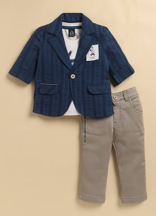 Boys Cotton Casual Blazer T-Shirt & Pant Coat Set - Blue