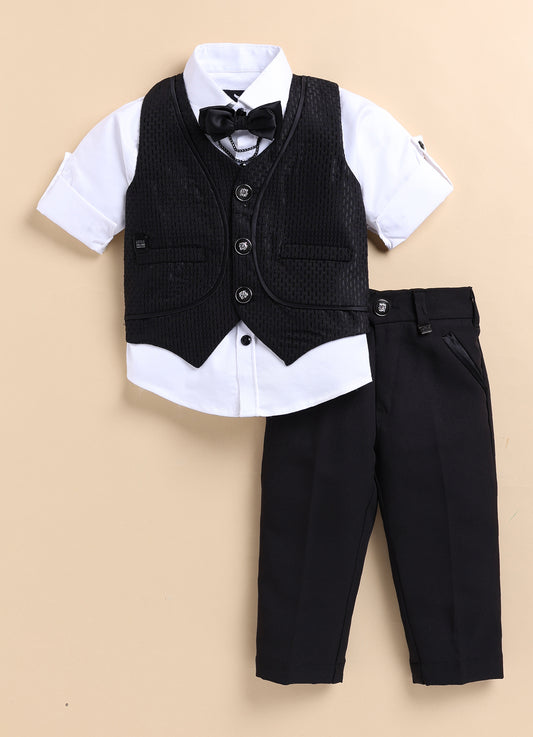 Collars Blended  Woven Full Sleeves Jaquard Waistcoat Pant with Shirt & Bow Partywear Set- Black